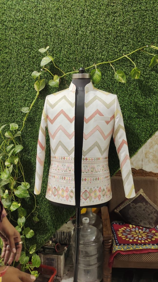 A cream bandhgala with a chevron weave
