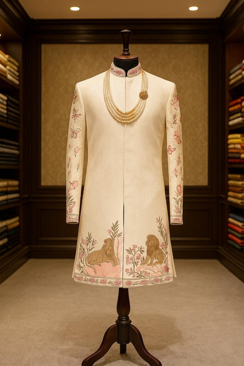 An ivory sherwani on a stand in a panelled alcove