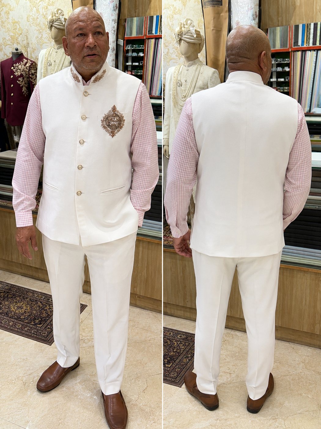 Two men in cream bandhgala suits, front and back